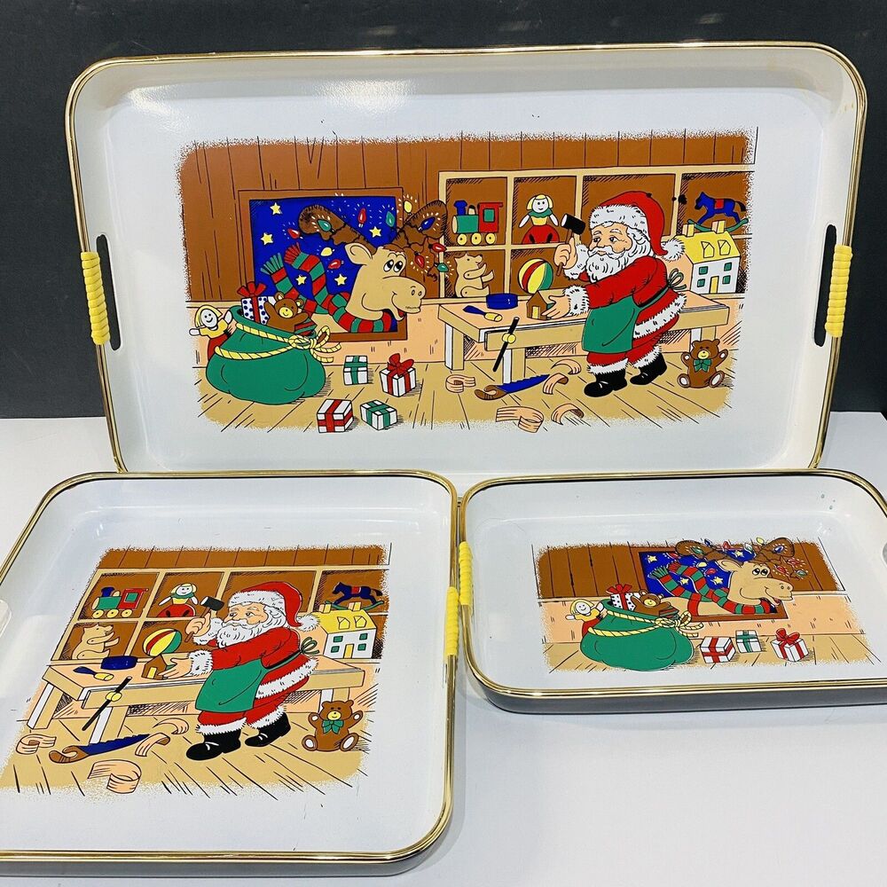 Vintage 3 Pc Set Lacquer Tray Christmas Santa In Toy Shop /Reindeer Made Japan